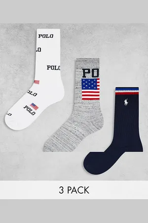 Ralph Lauren Confezione da 3 paia di calzini sportivi blu navy, grigio e con logo a bandiera