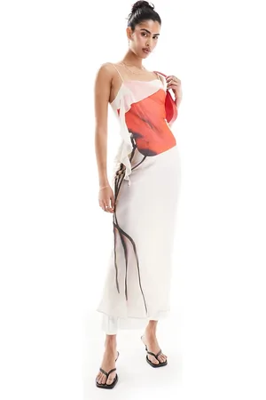 ASOS Vestito sottoveste midi con stampa di fiore e dettaglio con volant