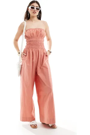 ASOS Tuta jumpsuit a fondo ampio con corpino arricciato color pesca