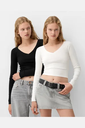 Bershka Pack 2 Magliette A Maniche Lunghe Con Scollo A V Donna Xs