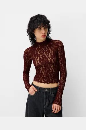 Bershka Maglietta Maniche Lunghe Collo Alto Pizzo Donna S