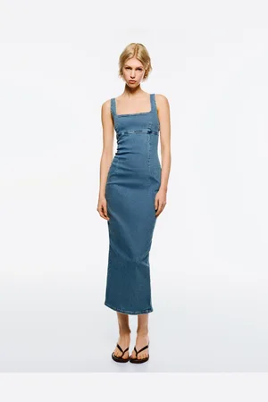 Bershka Vestito Denim Spalline Lungo Donna M