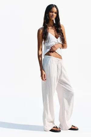Bershka Pantaloni Misto Lino Con Elastico In Vita Donna L