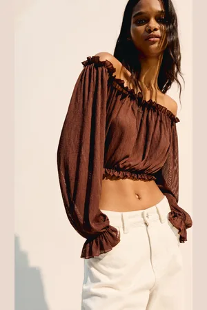Bershka Maglietta A Maniche Lunghe Con Scollo A Spalle Scoperte Plissettata Donna M
