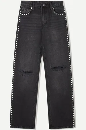Bershka Jeans Wide Leg Strappati Con Borchie Donna 48 (Eu 44)