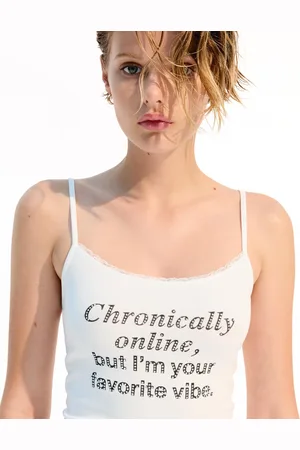 Bershka Top Con Spalline, Stampa E Strass Donna L
