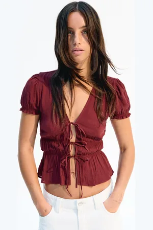 Bershka Camicia A Maniche Corte Con Arricciature E Lacci Donna Xs
