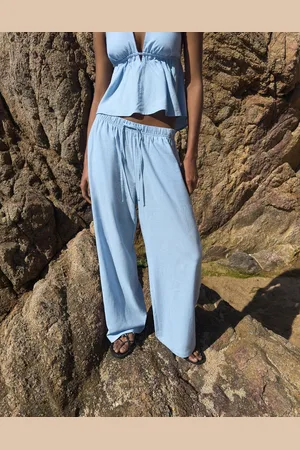 Bershka Pantaloni Misto Lino Con Elastico In Vita Donna Xs