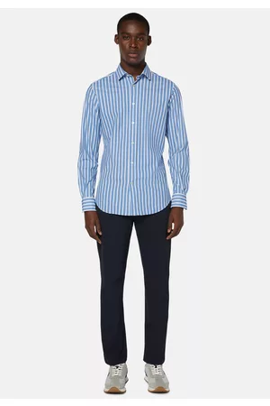 Boggi Milano Uomo Camicie casual - Camicia Righe Azzurre In Nylon Elasticizzato Slim, Uomo, , Taglia: