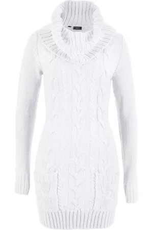 bonprix Abito in maglia a collo alto con tasche (Bianco)