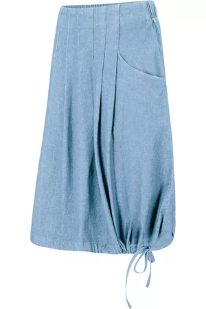 bonprix Donna Gonne plissettate - Gonna di jeans elasticizzata con pieghe, cintura e laccetto (Blu)