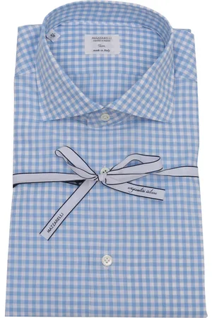 MAZZARELLI Camicia A Quadri 100% Cotone Bianco E Celeste Slim Fit