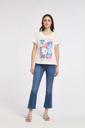 CAFèNOIR T-shirt in jersey di cotone con stampa floreale e strass