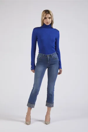 CAFèNOIR Denim slim con stras al risvolto