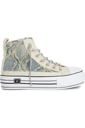 CAFèNOIR Sneakers mid in denim sfrangiato con lacci strass /