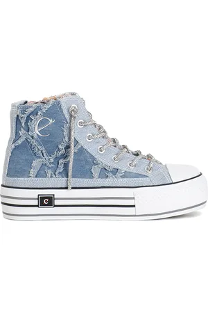 CAFèNOIR Sneakers mid in denim sfrangiato con lacci strass