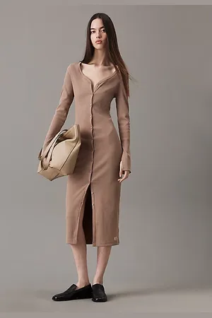 Calvin Klein Abito maxi con bottoni in cotone a costine slim