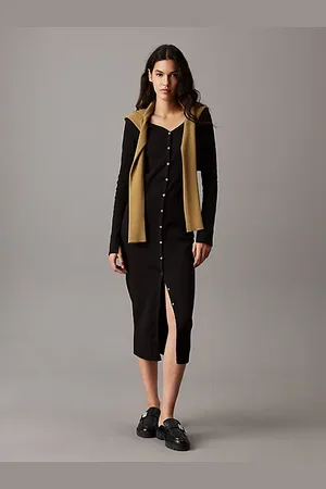 Calvin Klein Abito maxi con bottoni in cotone a costine slim