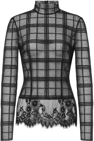 Alberta Ferretti Maglia Nera A Collo Alto In Pizzo Tartan