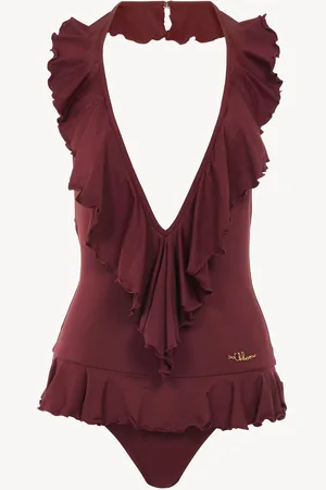 Chloé Costume da bagno intero con scollo a V e volant Rosso Taglia 40 82% Poliammide, 18% Elastan