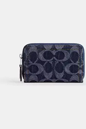 Coach Porta carte di credito piccolo Essential con cerniera integrale in denim Signature