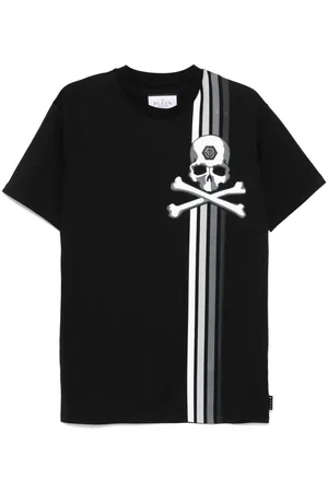 Philipp Plein `Skull & Bones` Short Sleeve Round-Neck Stripes T-Shirt