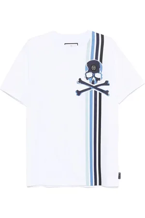 Philipp Plein `Skull & Bones` Short Sleeve Round-Neck Stripes T-Shirt