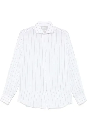 Brunello Cucinelli Chalk Stripe Linen Easy Fit Shirt With Spread Colla