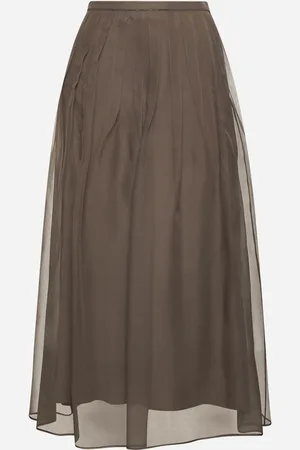 Brunello Cucinelli Gonna Pleated Midi marrone con Shiny Waistband