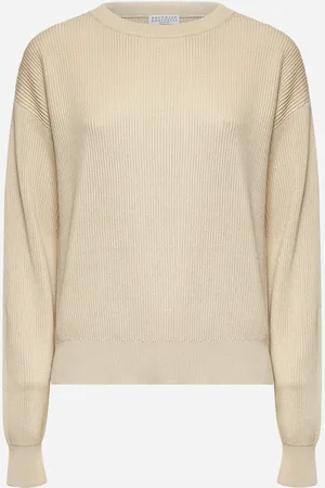 Brunello Cucinelli Maglia in cotone beige con monile