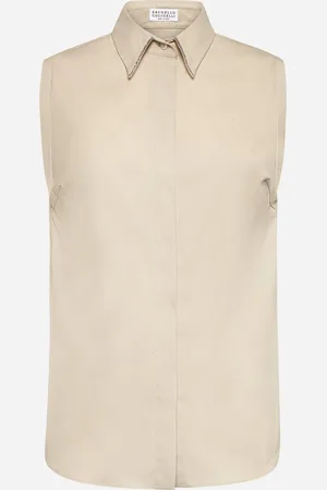 Brunello Cucinelli Camicia in popeline beige con Shiny Trim