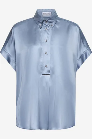 Brunello Cucinelli Camicia in raso azzurro con monile