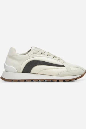 Brunello Cucinelli Runners in camoscio e twill grigio con Precious Stripe