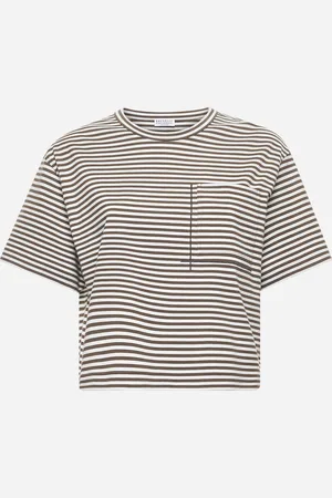 Brunello Cucinelli T-shirt Crop in jersey rigato con Shiny Pocket Detail