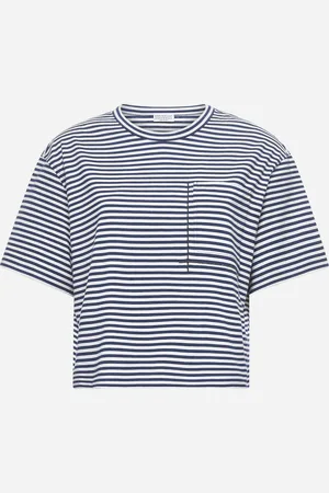Brunello Cucinelli T-shirt Crop in jersey rigato con Shiny Pocket Detail