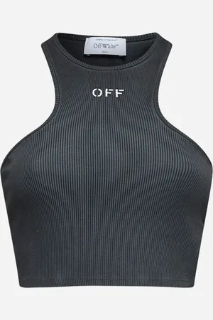 OFF-WHITE Top crop a costine grigio con logo Off
