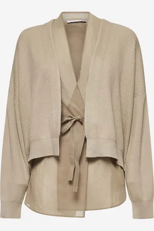 Brunello Cucinelli Cardigan Layered in maglia e organza beige