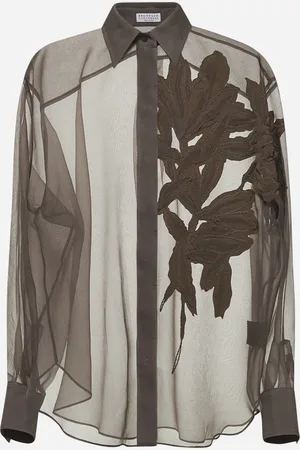 Brunello Cucinelli Camicia in seta Crispy marrone con Flora Appliqué