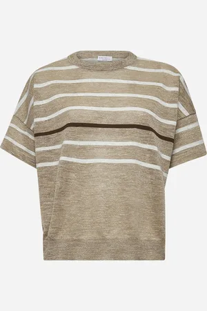 Brunello Cucinelli Maglia righe in misto lino lurex beige