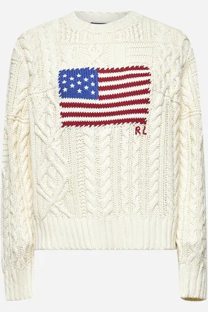 Ralph Lauren Maglia in cotone punto Aran avorio con bandiera