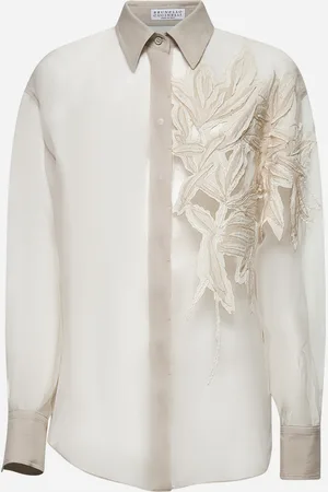 Brunello Cucinelli Camicia in seta Crispy beige con Flora Appliqué