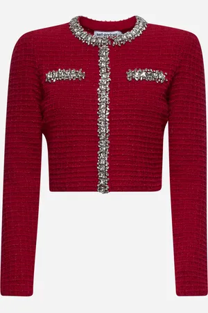 Self-Portrait Cardigan in maglia lurex rossa con cristalli
