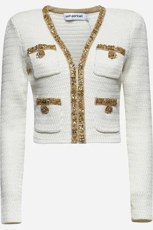 Self-Portrait Cardigan in maglia avorio con bordi lurex