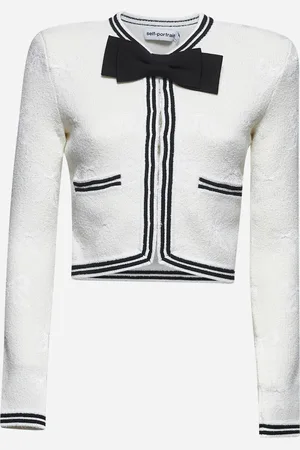 Self-Portrait Cardigan in maglia jacquard avorio con fiocco