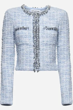 Self-Portrait Cardigan in tweed a quadri con paillettes azzurro