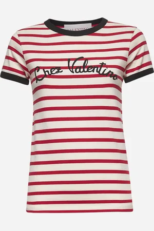 VALENTINO T-shirt con ricamo in jersey a righe avorio