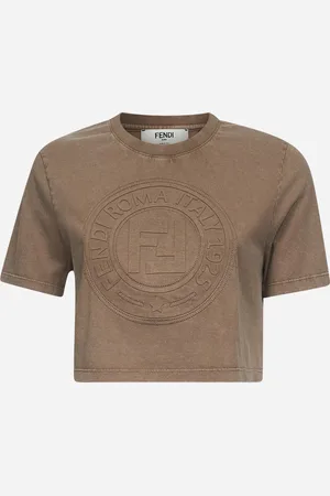 Fendi T-shirt crop in cotone beige con logo