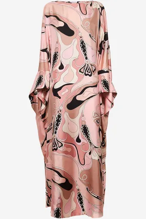 Puccini Caftano in twill di seta rosa stampa Orchidee