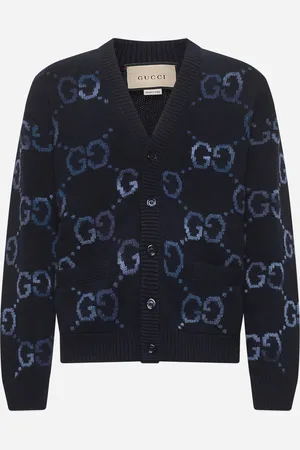 Gucci Cardigan in lana blu con intarsio GG