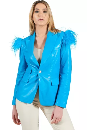D'Arienzo Donna Giacche di pelle - Giacca Blazer In Pelle Naturale Azzurra Con Piume